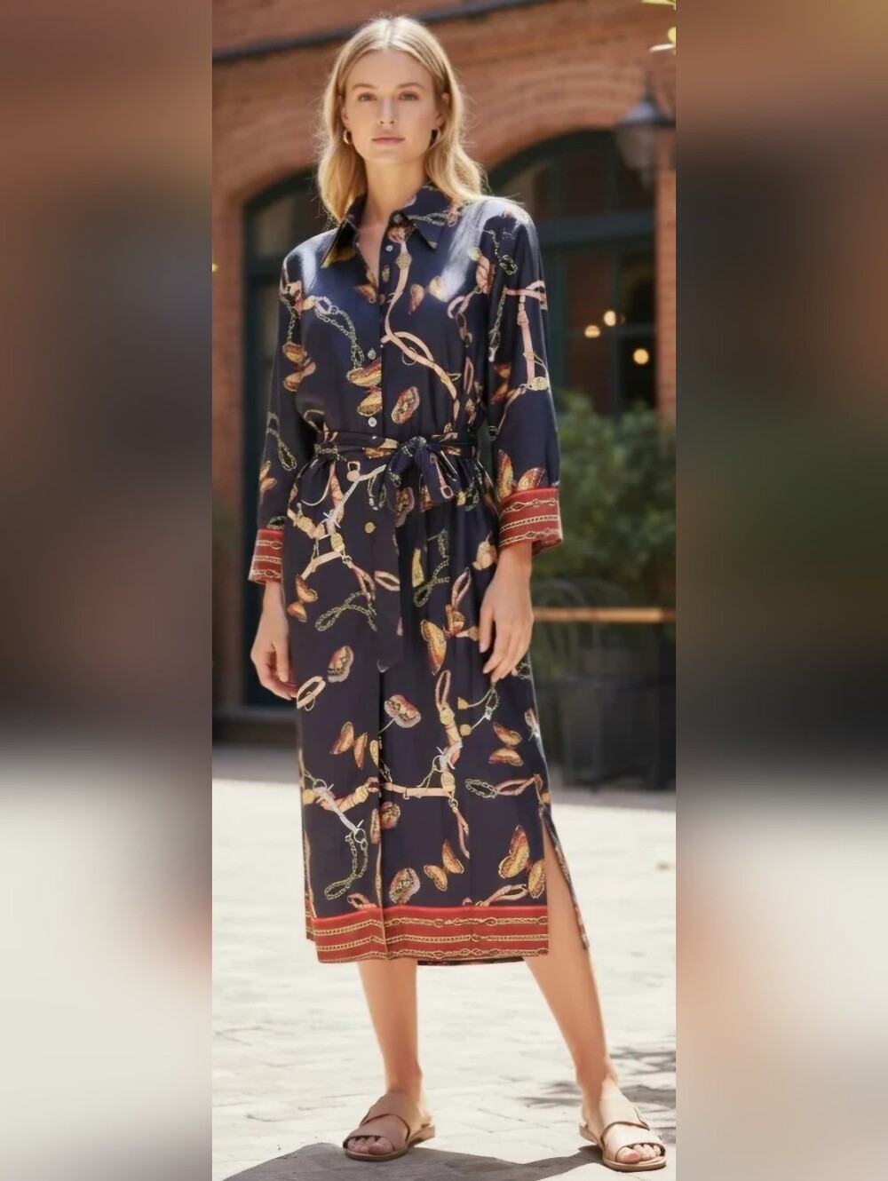 Zara Navy Chain Butterfly Print Belted Midi Shirt Dress L